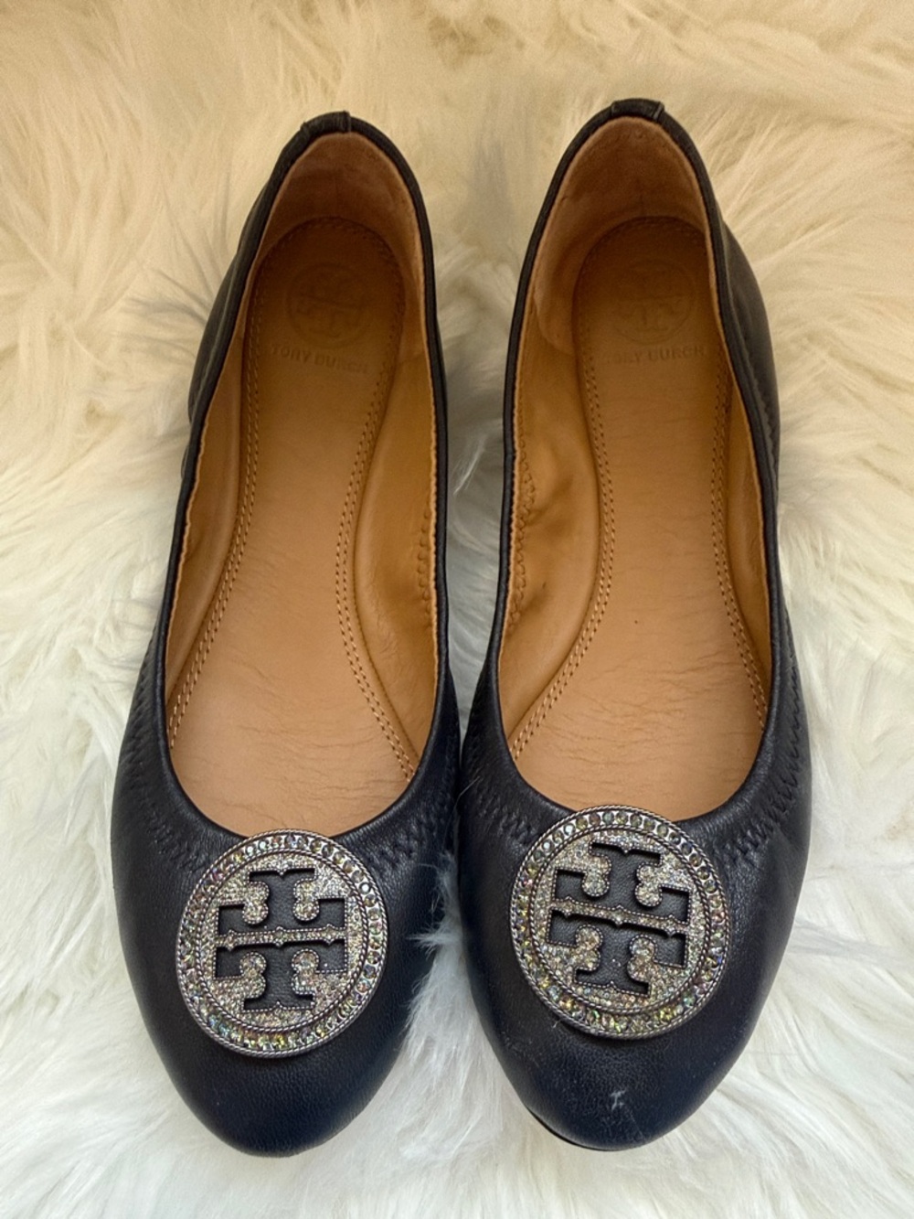 Tory Burch Liana Ballet Flat Navy Embellished Pave Crystal Logo Flats